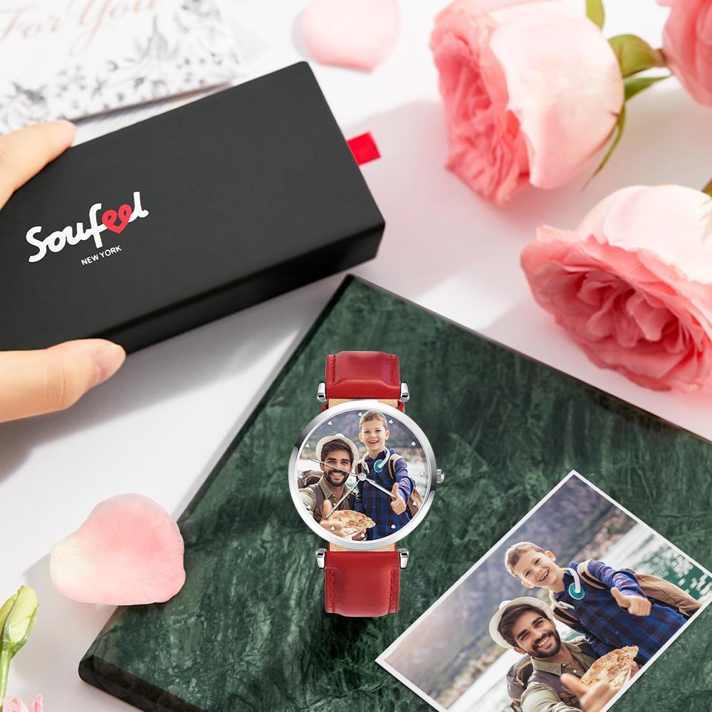 Photo Engraved Watch Red Leather Strap Birthday Gifts Men‘s