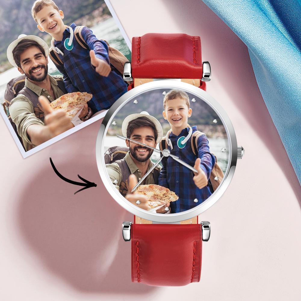 Photo Engraved Watch Brown Leather Strap for Men‘s Creative Gifts