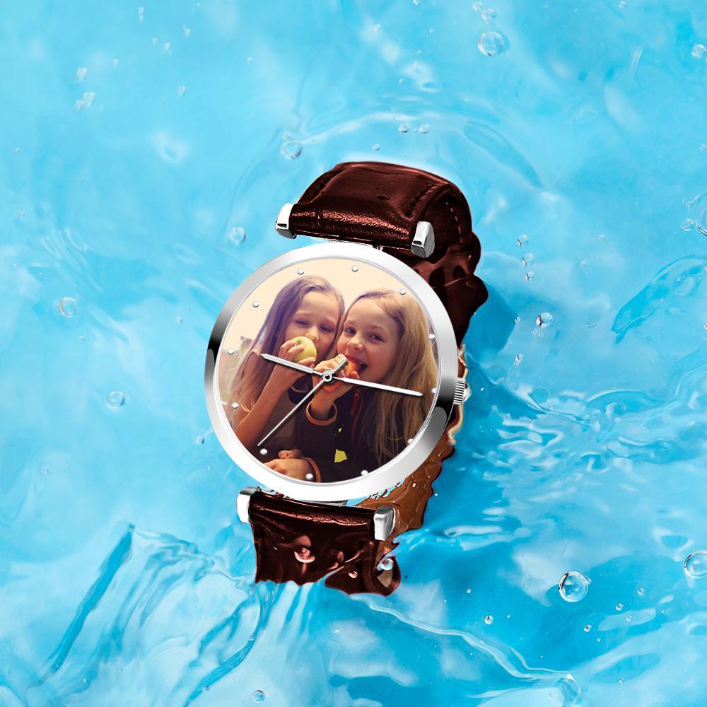 Photo Engraved Watch Brown Leather Strap for Men‘s Creative Gifts