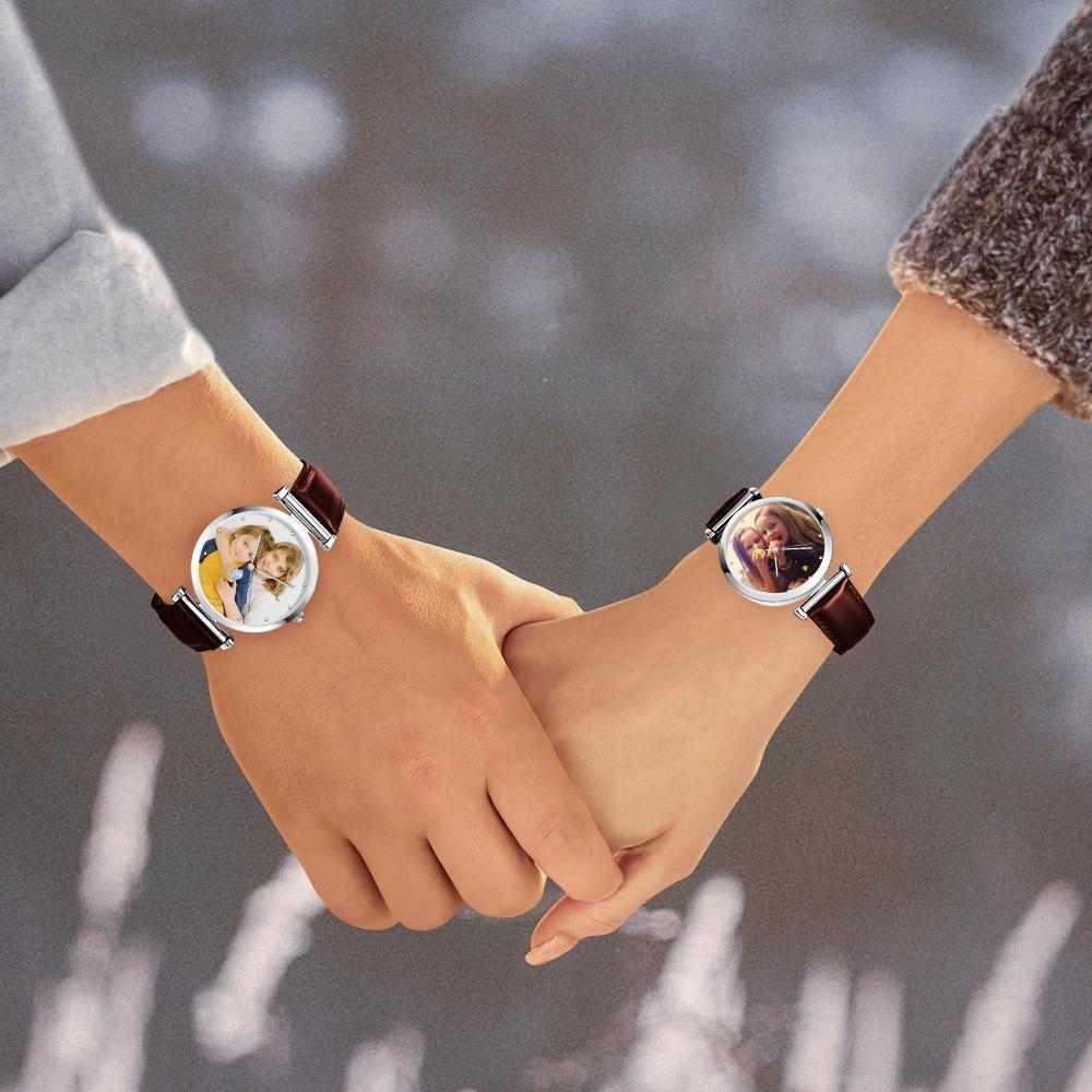 Photo Engraved Watch Brown Leather Strap for Men‘s Creative Gifts