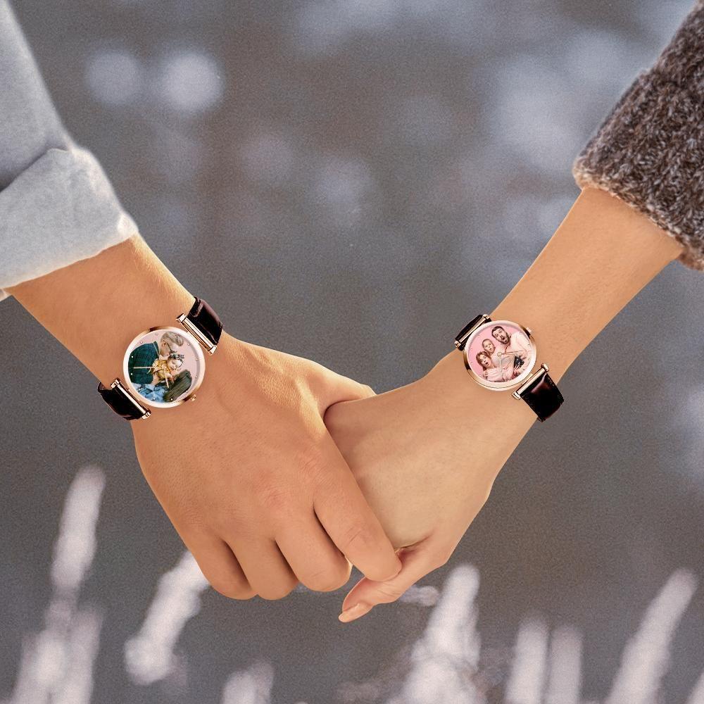 Photo Engraved Watch Brown Leather Strap for Men‘s Memorial Gifts
