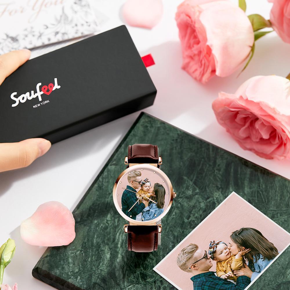 Photo Engraved Watch Brown Leather Strap for Men‘s Memorial Gifts