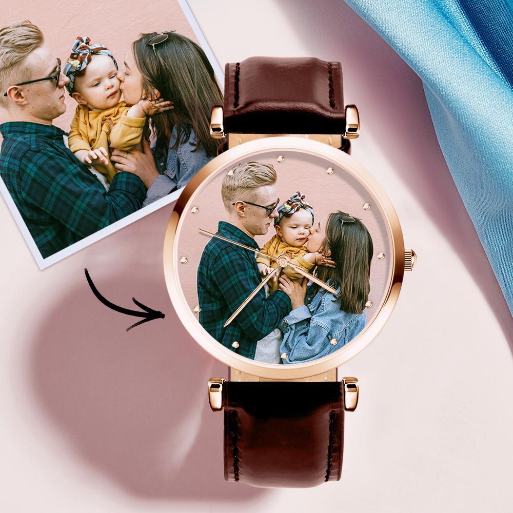 Photo Engraved Watch Brown Leather Strap for Men‘s Memorial Gifts