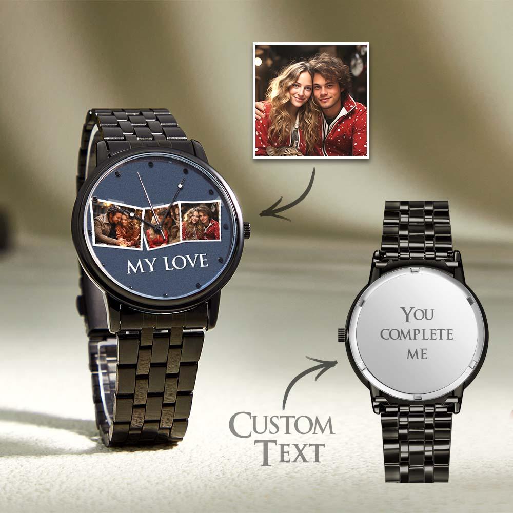 Personalized Engraved Men's Black Alloy Bracelet Photo Watch To My Boyfriend I Love You Gifts