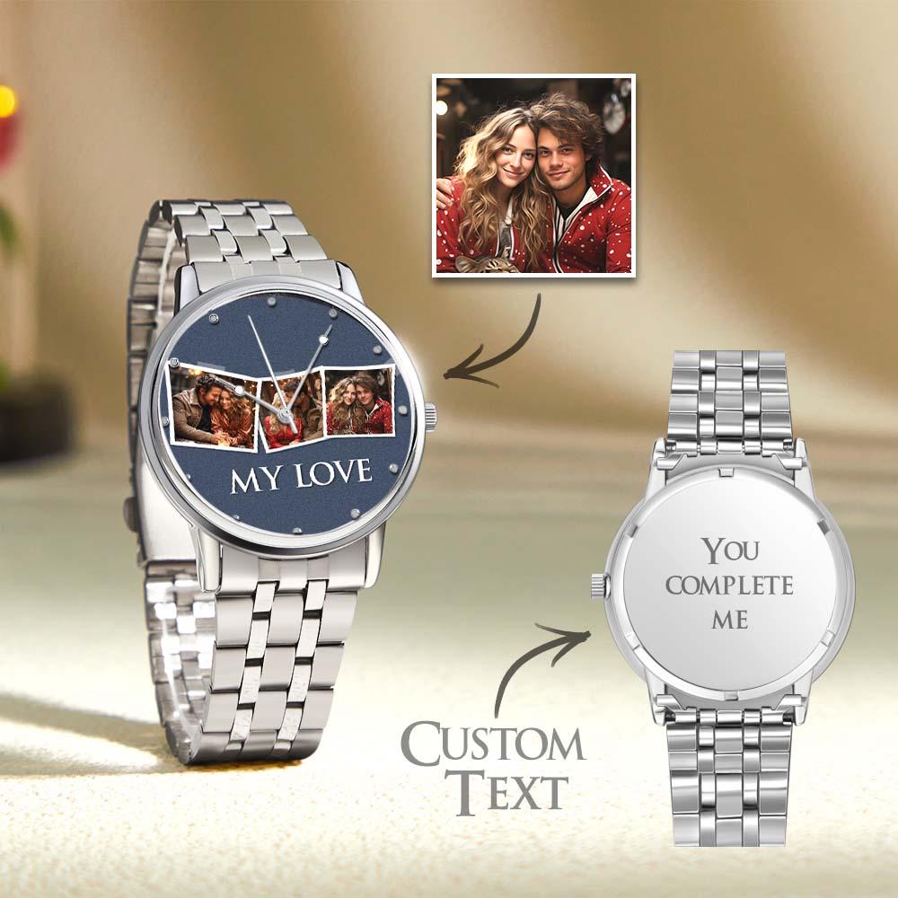 Personalized Engraved Men's Black Alloy Bracelet Photo Watch To My Boyfriend I Love You Gifts