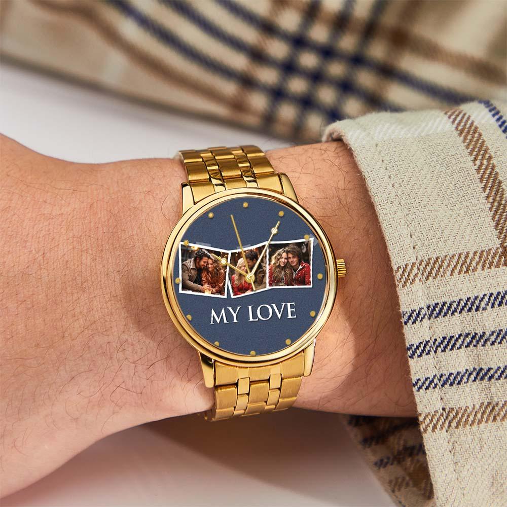 Personalized Engraved Men's Black Alloy Bracelet Photo Watch To My Boyfriend I Love You Gifts