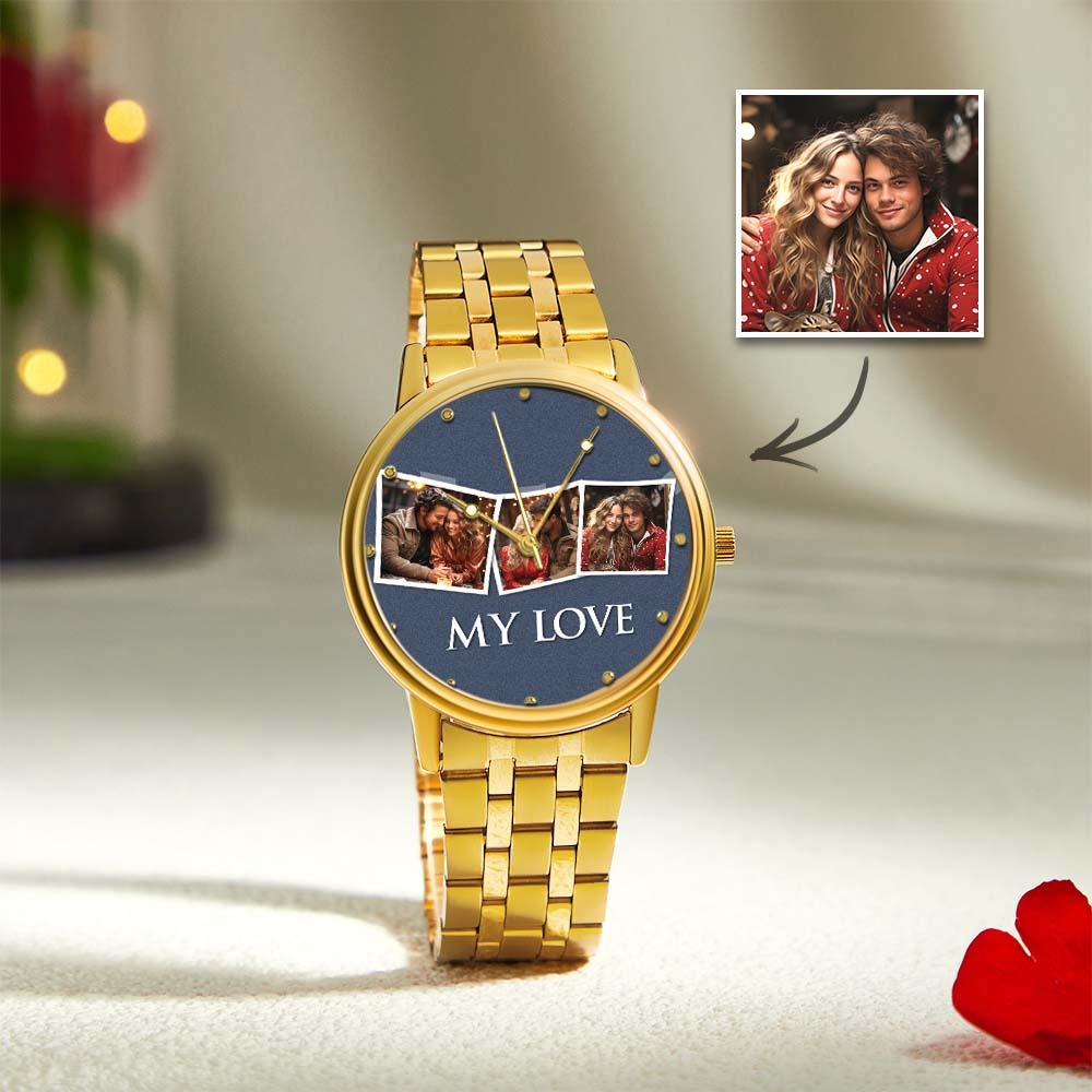 Personalized Engraved Men's Black Alloy Bracelet Photo Watch To My Boyfriend I Love You Gifts