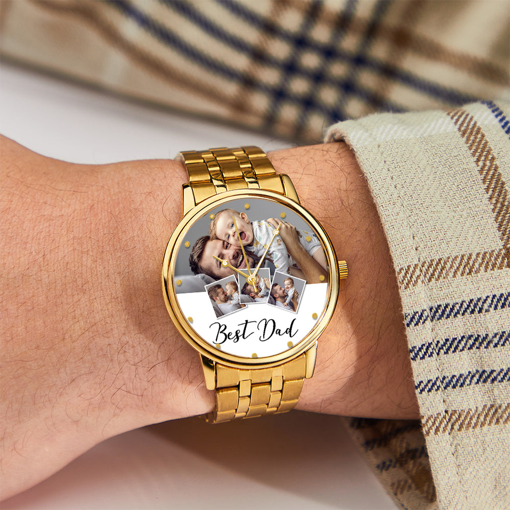 Personalized Engraved Photo Watch Men's Black Alloy Bracelet Photo Watch Father's Day Gifts For Dad