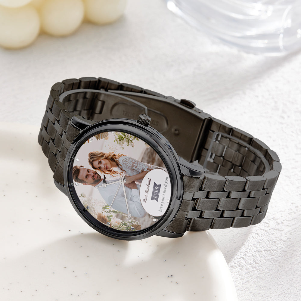 Personalized Engraved Photo Watch Black Alloy Bracelet Photo Watch Valentine's Day Gifts For Him