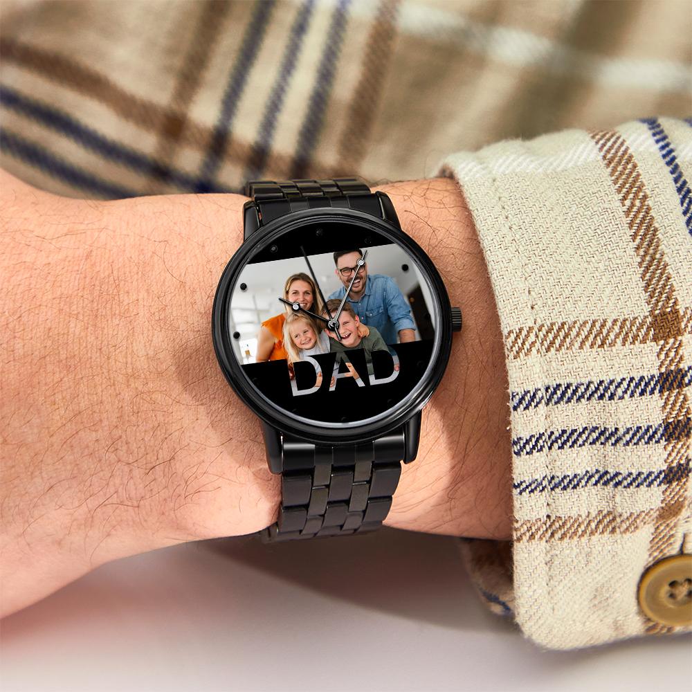 Personalized Engraved Photo Watch Father's Day Gifts Men's Black Alloy Bracelet Photo Watch To Dad