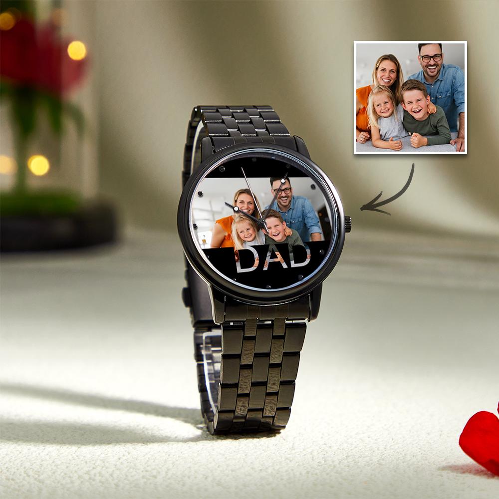 Personalized Engraved Photo Watch Father's Day Gifts Men's Black Alloy Bracelet Photo Watch To Dad