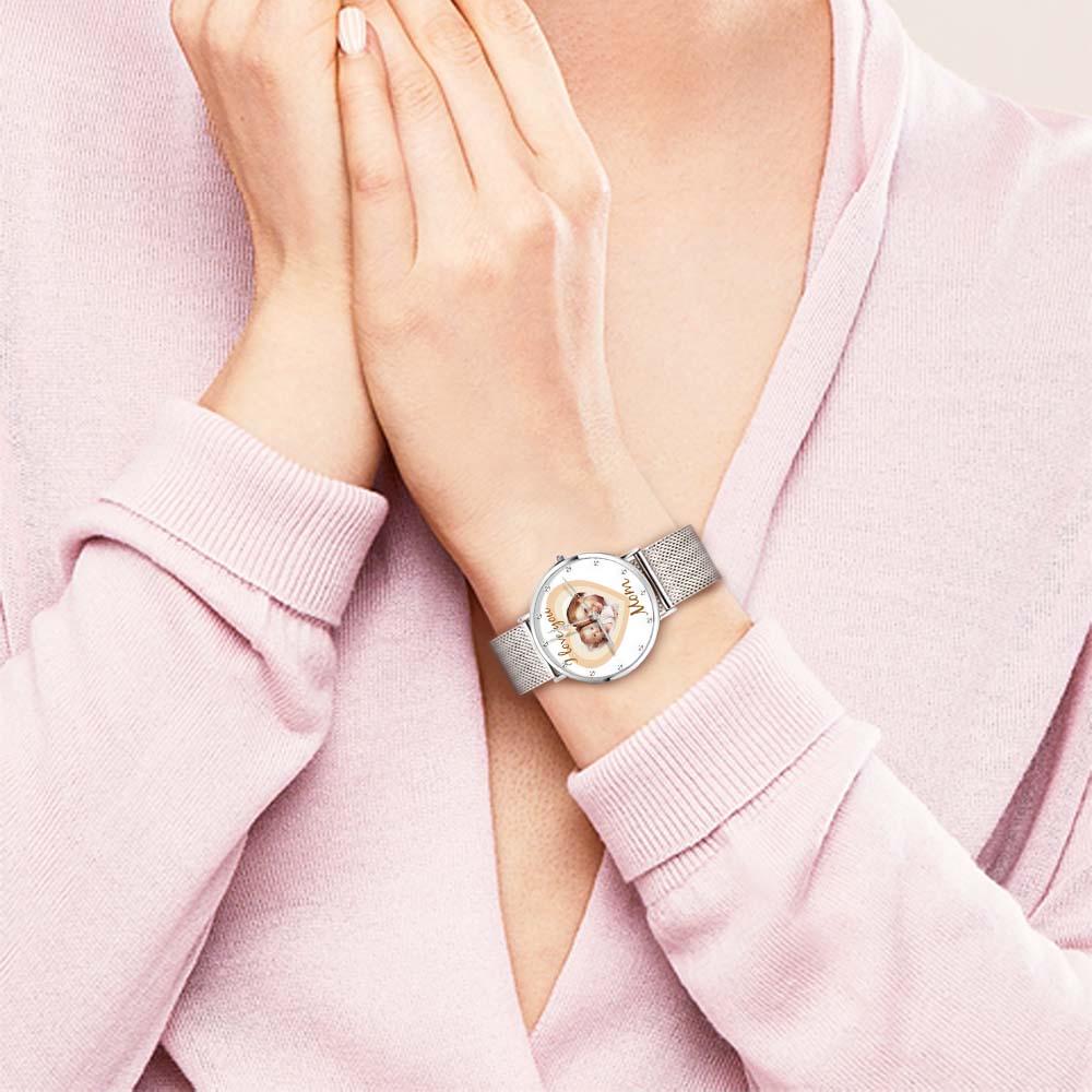 Personalized Heart Engraved Photo Watches With Alloy Strap Mother's Day Gift For Mom