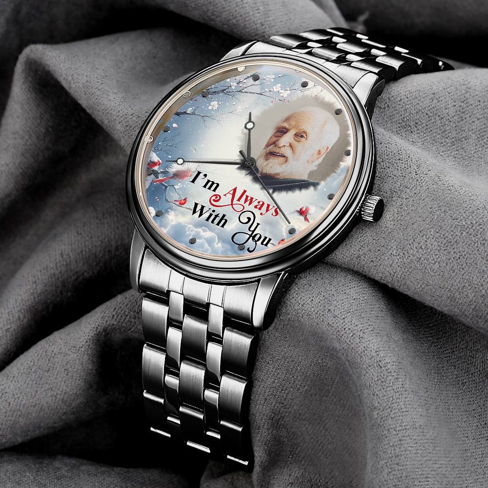 Engraved Men's Black Alloy Bracelet Photo Watch I'm Always With You Memorial Gift For Him