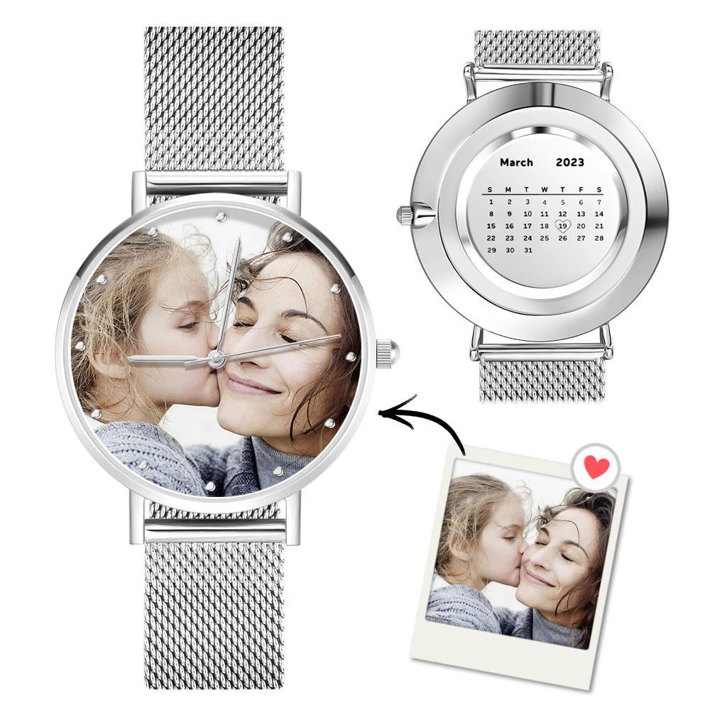 Women's Engraved Calendar Alloy Bracelet Photo Watch 36mm for Mom