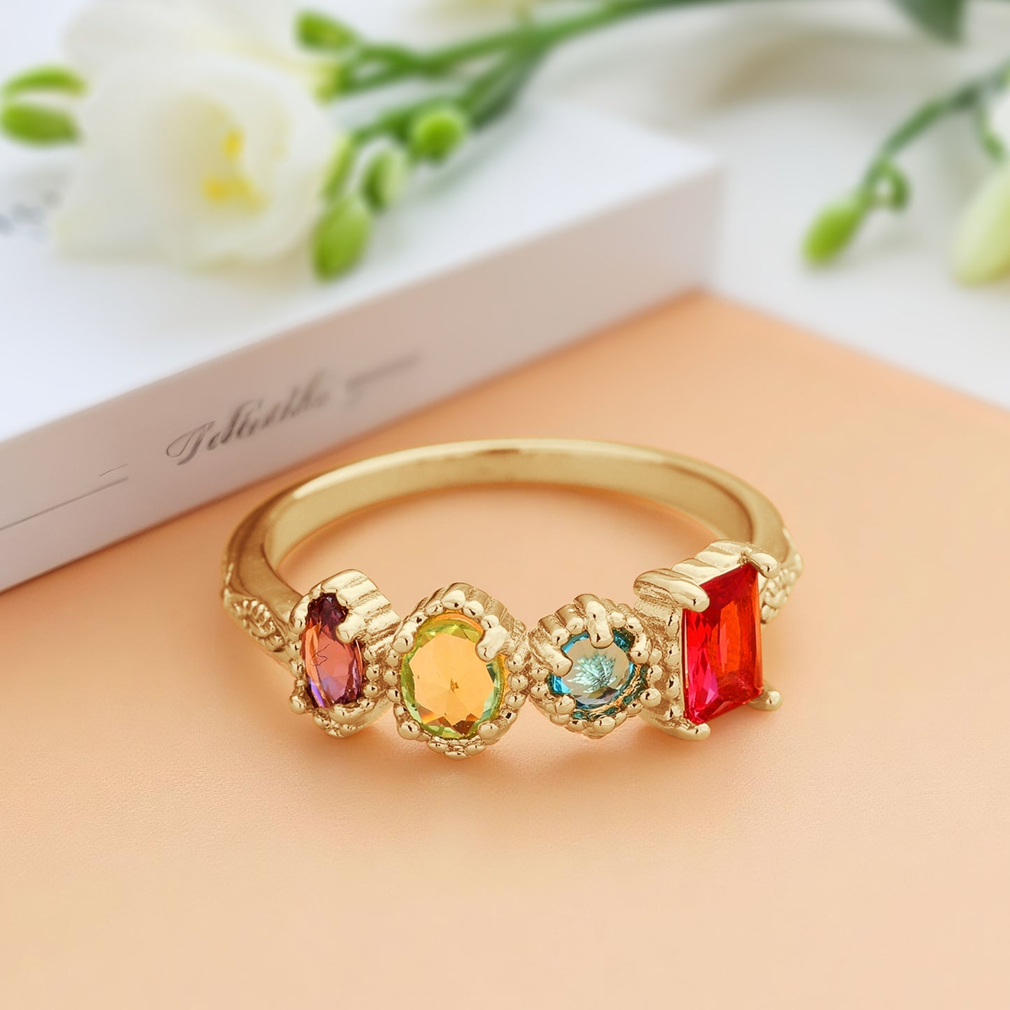 Personalized Birthstones Ring Multiple Vintage Milgrain Ring for Mom Grandma