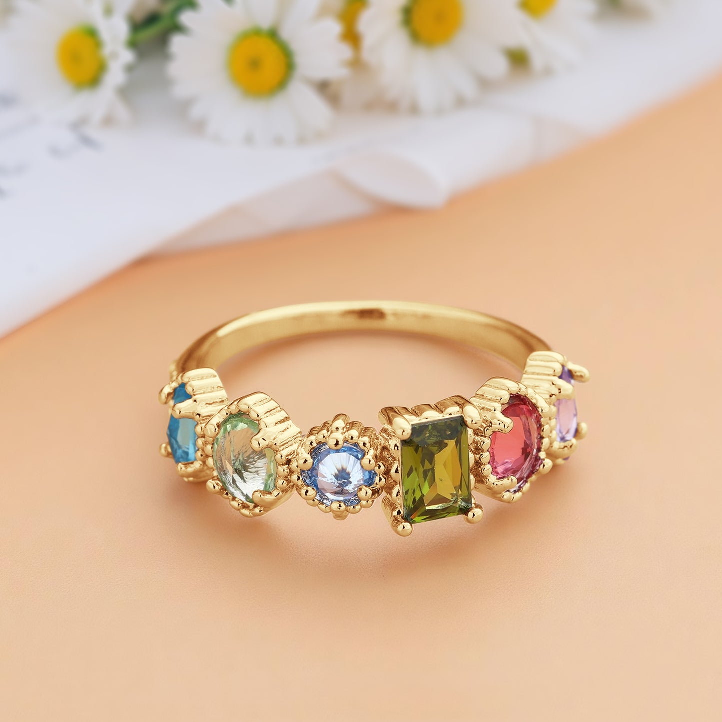 Personalized Birthstones Ring Multiple Vintage Milgrain Ring for Mom Grandma