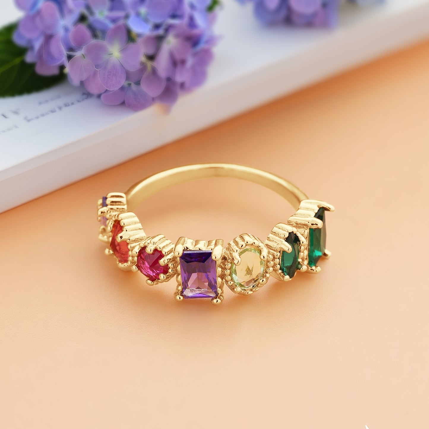 Personalized Birthstones Ring Multiple Vintage Milgrain Ring for Mom Grandma