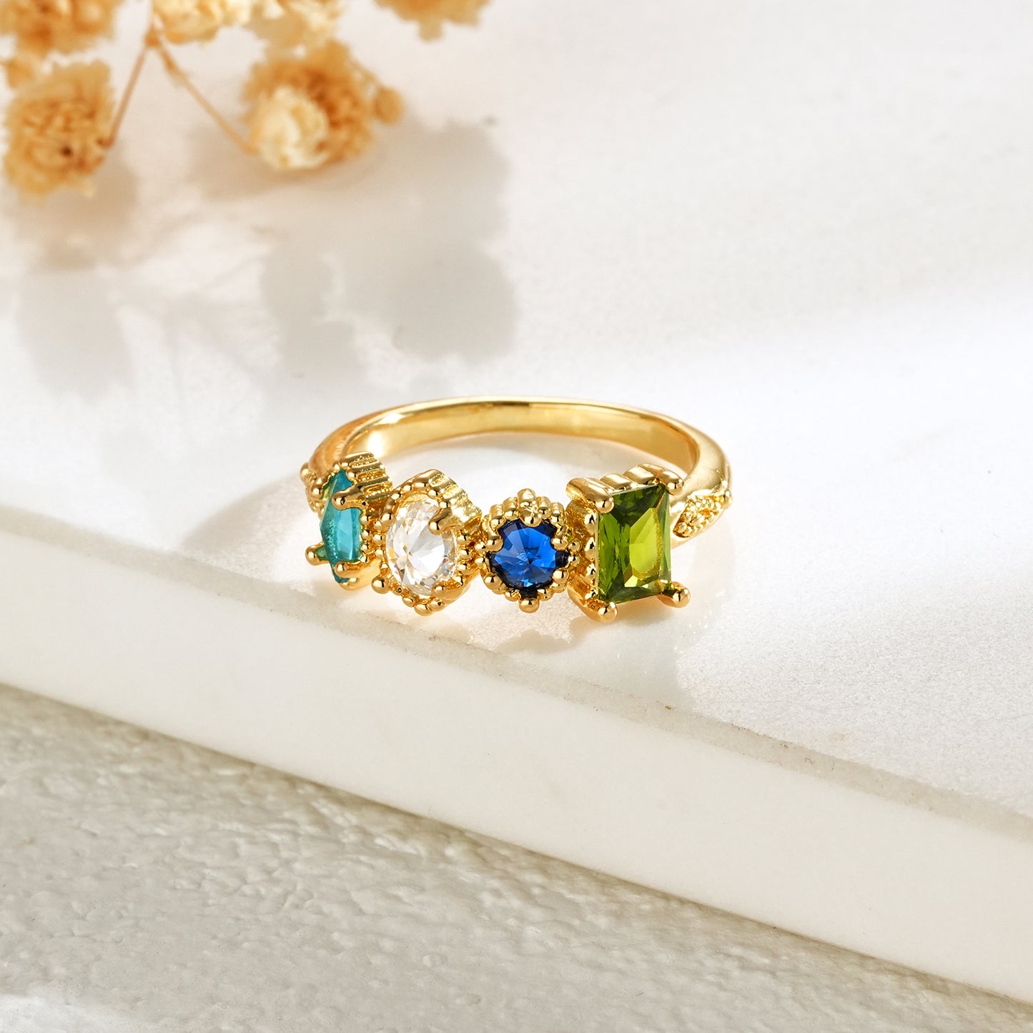 Personalized Birthstones Ring Multiple Vintage Milgrain Ring for Mom Grandma