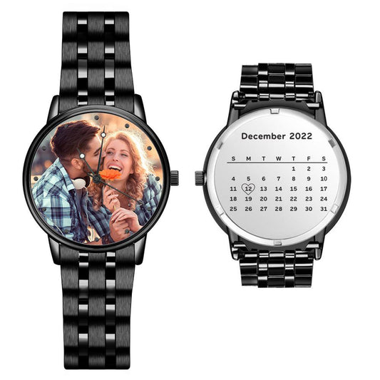 Men's Engraved Photo Watch Calendar Black Alloy Bracelet