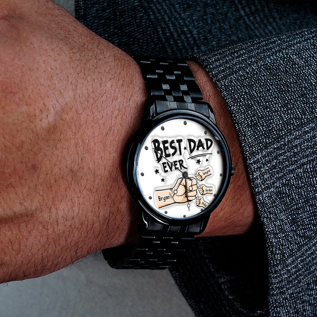 Custom Engraved Watch Men's Black Alloy Watch Holding Hands Bracelet Father's Day Gift for Dad