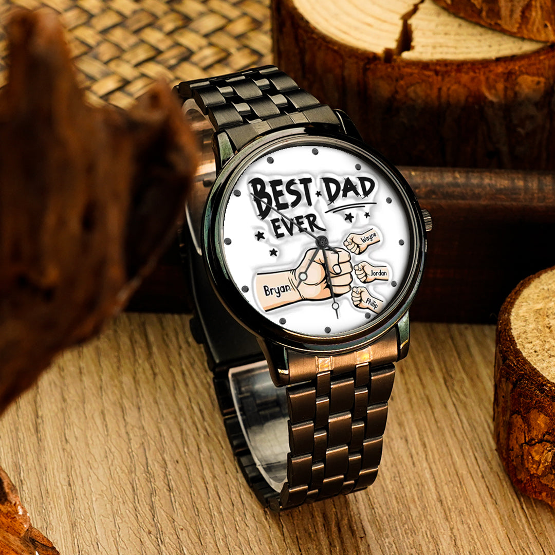 Custom Engraved Watch Men's Black Alloy Watch Holding Hands Bracelet Father's Day Gift for Dad
