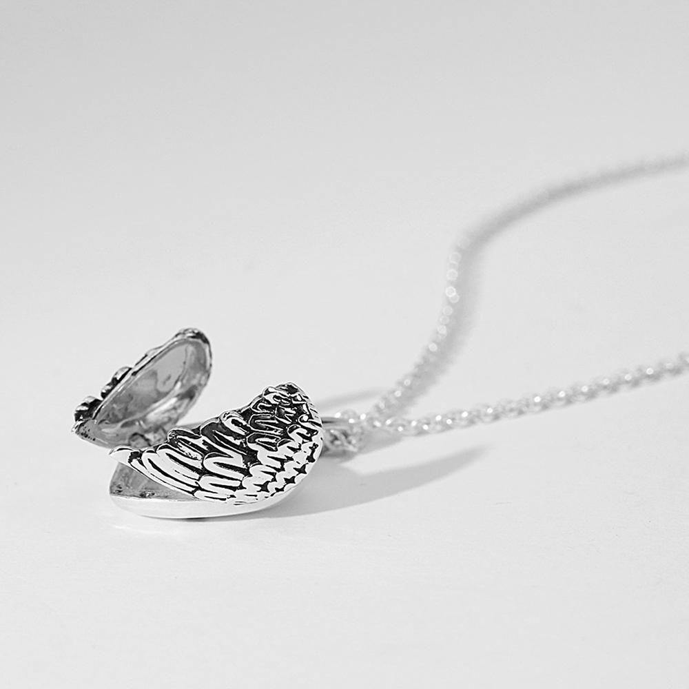 Engravable Photo Locket Necklace Personalized Heart Angel Wings Sterling Silver Gift For Mom