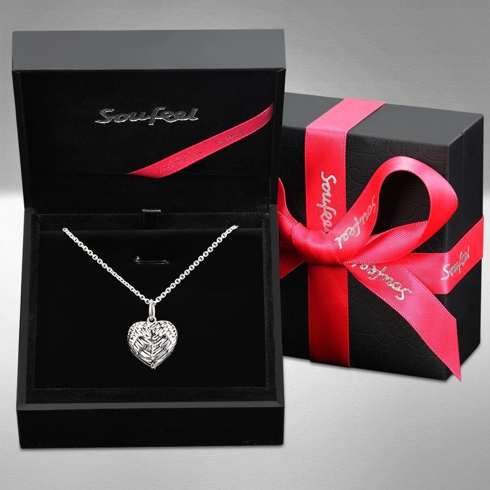 Engravable Photo Locket Necklace Personalized Heart Angel Wings Sterling Silver Gift For Mom