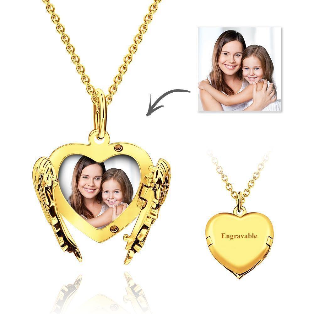Engravable Photo Locket Necklace Personalized Heart Angel Wings Sterling Silver Gift For Mom
