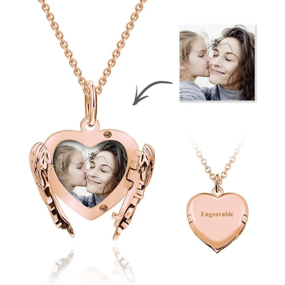 Engravable Photo Locket Necklace Personalized Heart Angel Wings Sterling Silver Gift For Mom
