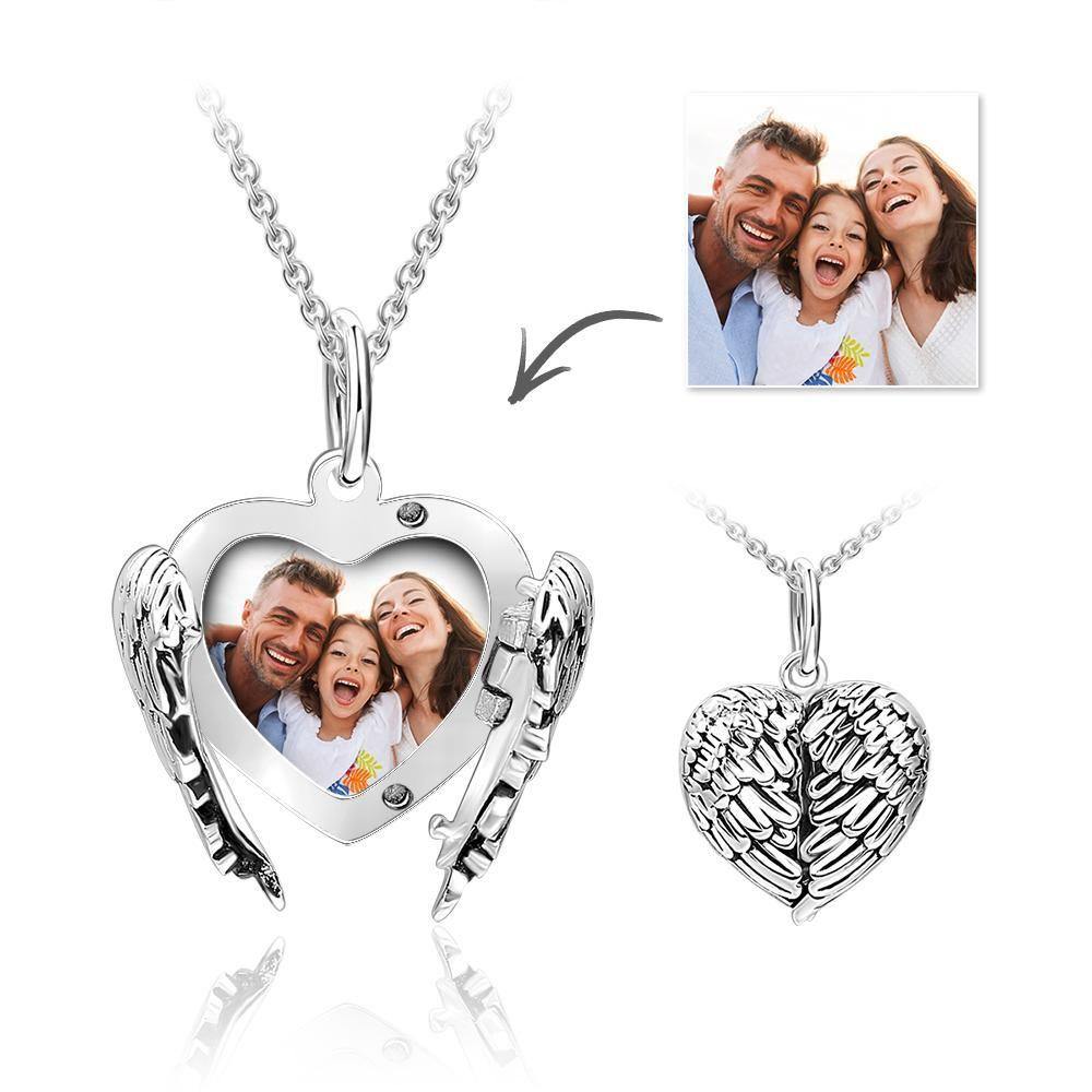 Engravable Photo Locket Necklace Personalized Heart Angel Wings Sterling Silver Gift For Mom