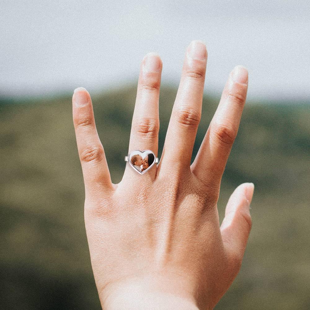 Heart Photo Ring with Engraving Silver, Mother's Gift