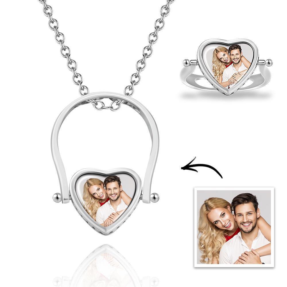 Custom Photo Necklace, Photo Ring Couple's Gifts Dual-use (Ring Size 5#) 14k Gold Plated