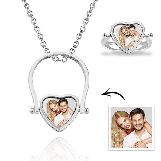 Custom Photo Necklace, Photo Ring Couple's Gifts Dual-use (Ring Size 5#) 14k Gold Plated Silver