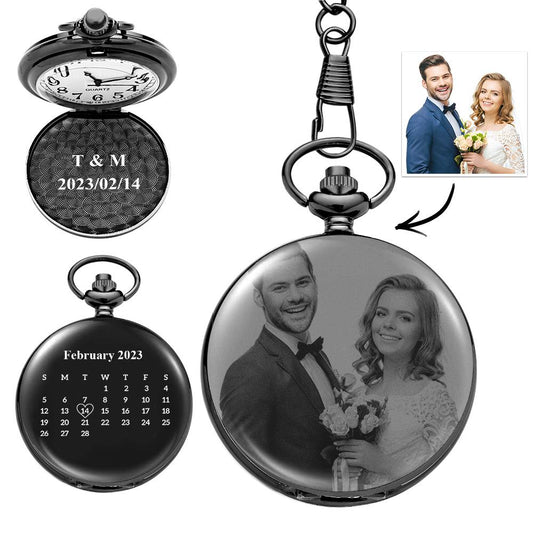 Pocket Watch Engraved Photo Custom Calendar Anniversary Personalised Gift for Couple