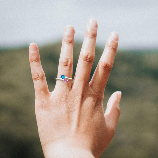 Personalized Birthstone with Engraving Double Heart Promise Ring Silver