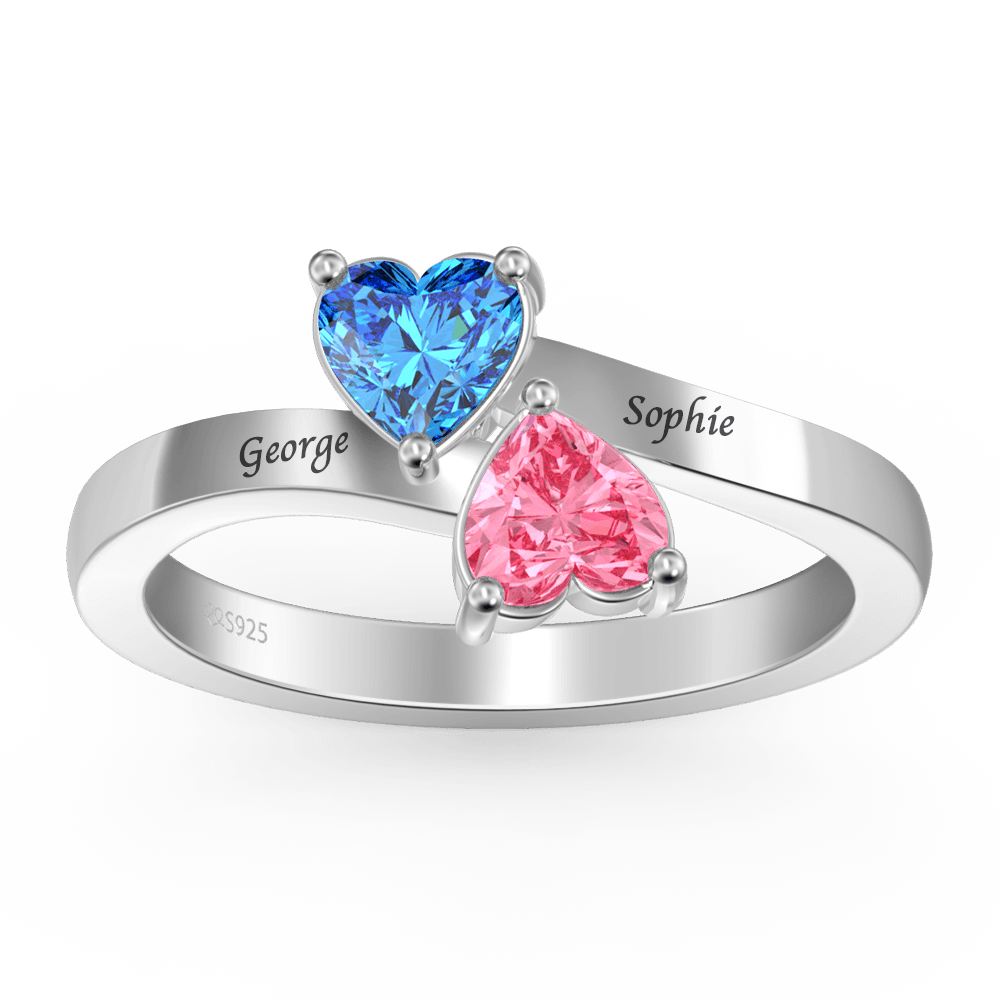 Personalized Birthstone with Engraving Double Heart Promise Ring Silver