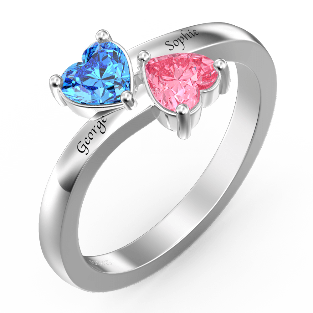 Personalized Birthstone with Engraving Double Heart Promise Ring Silver
