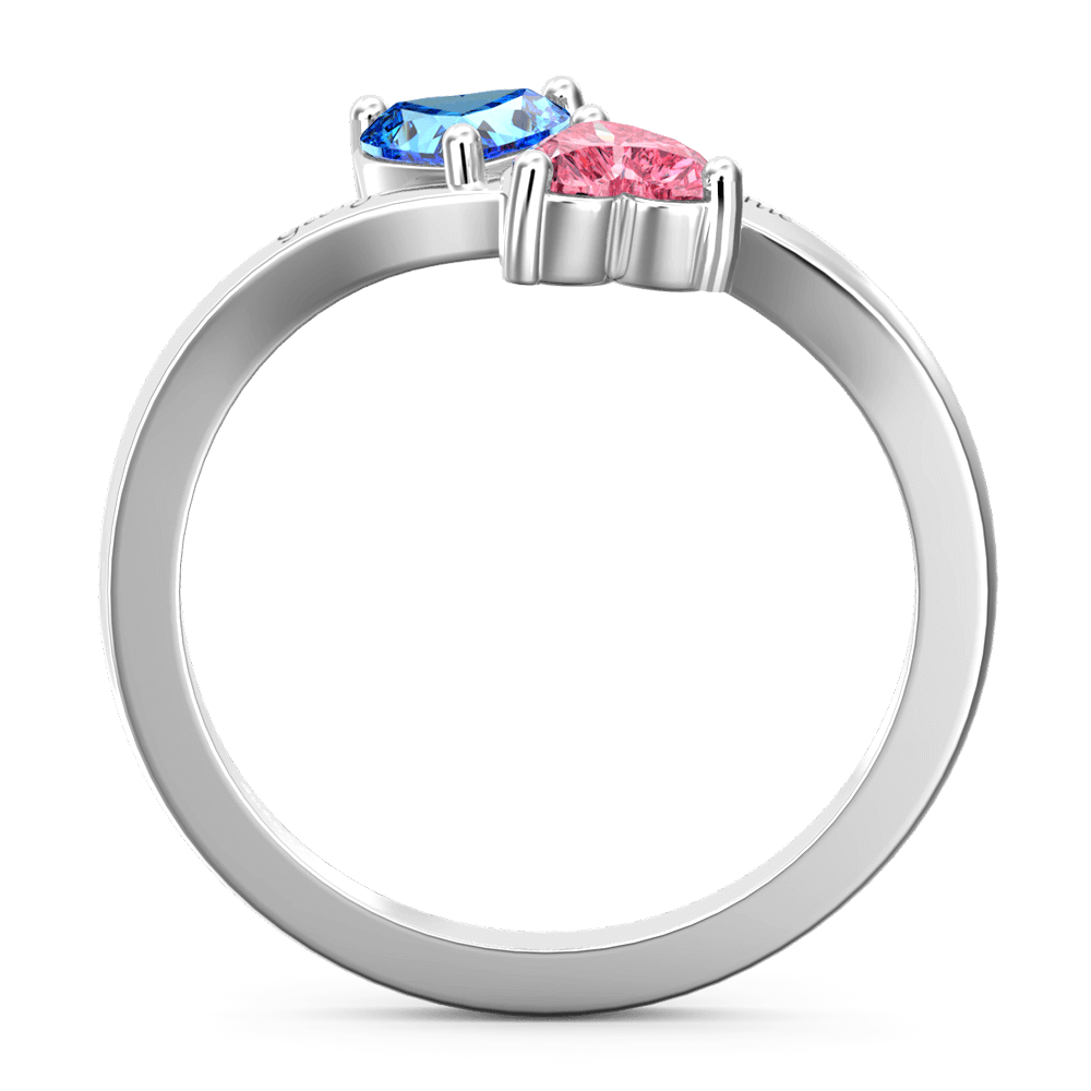 Personalized Birthstone with Engraving Double Heart Promise Ring Silver