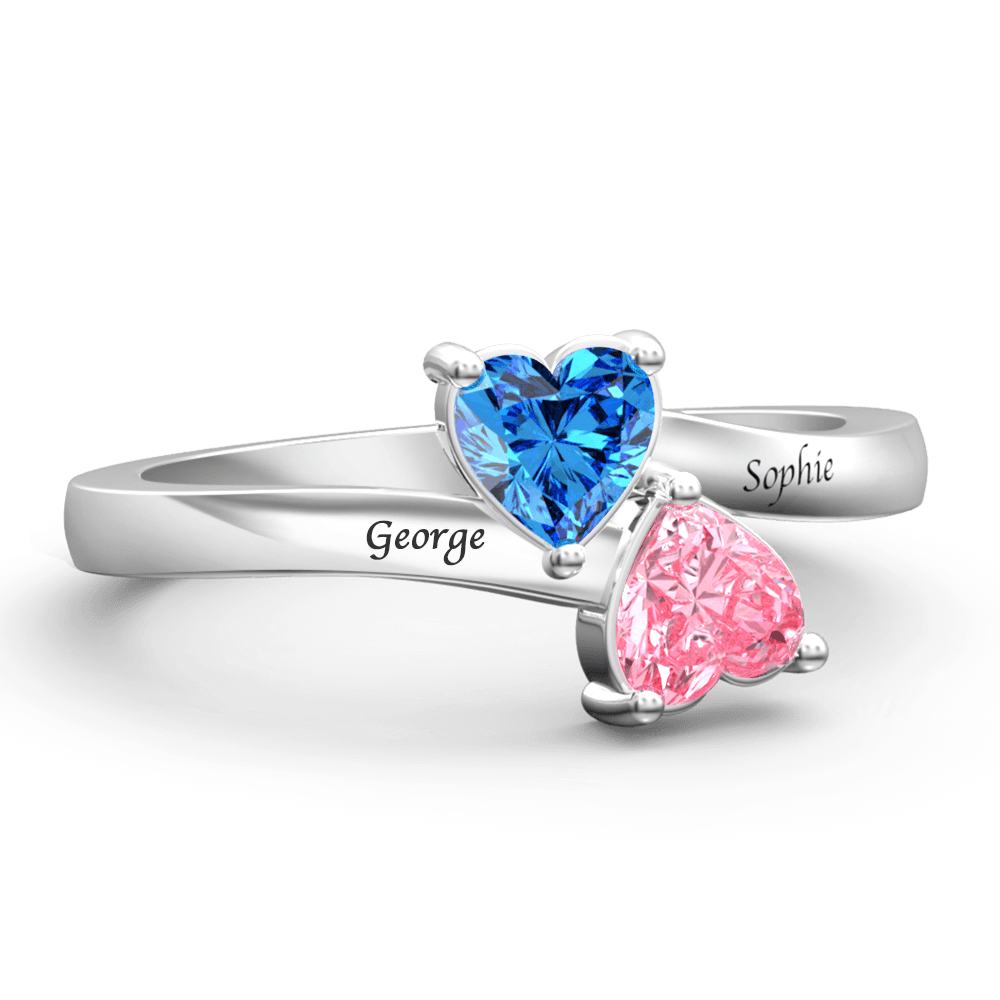 Personalized Birthstone with Engraving Double Heart Promise Ring Silver