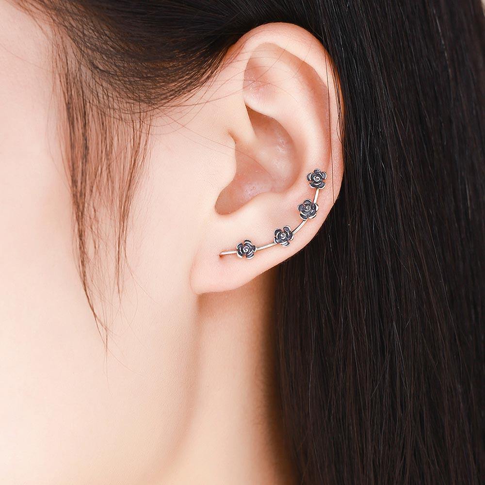 Black Flowers Drop Earrings Silver