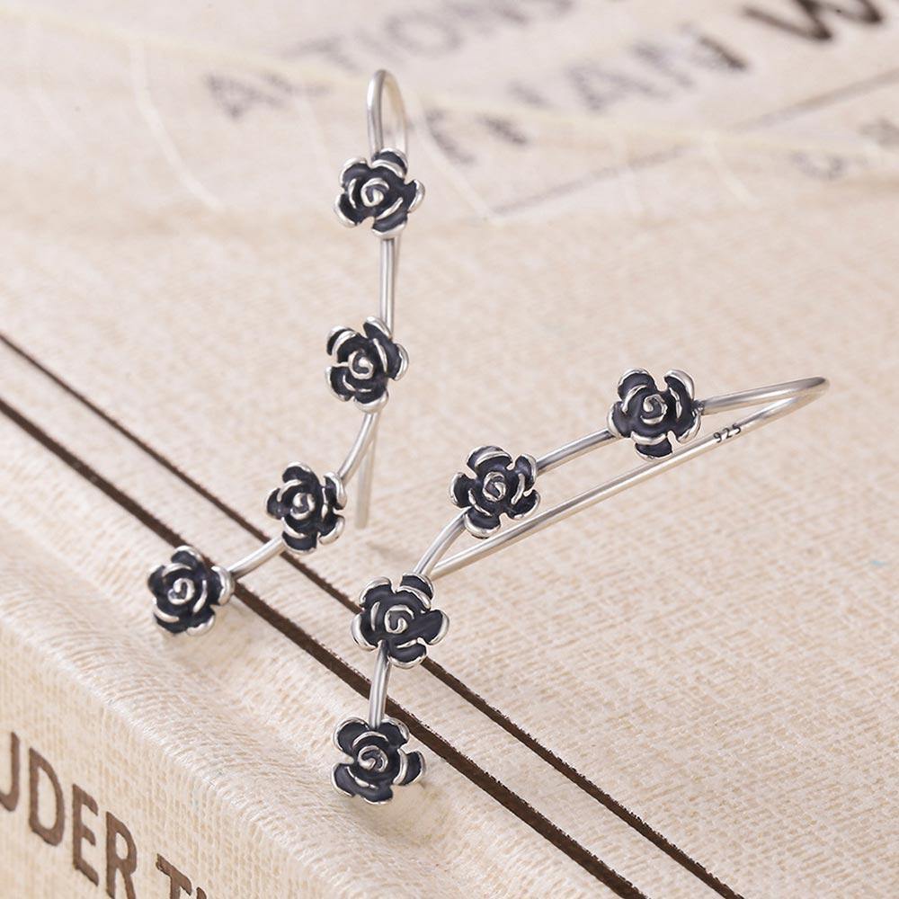 Black Flowers Drop Earrings Silver