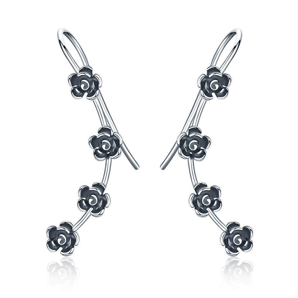 Black Flowers Drop Earrings Silver