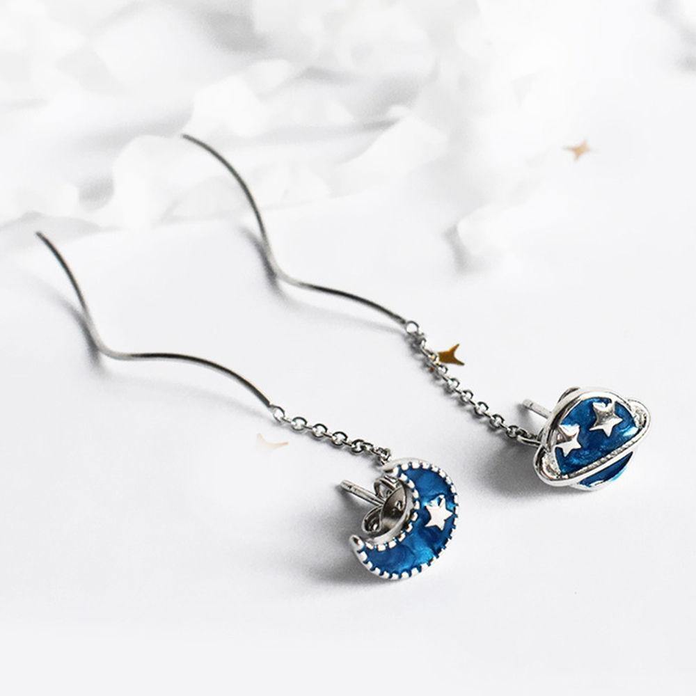 Blue Star and Moon Ear Lines Sterling Silver