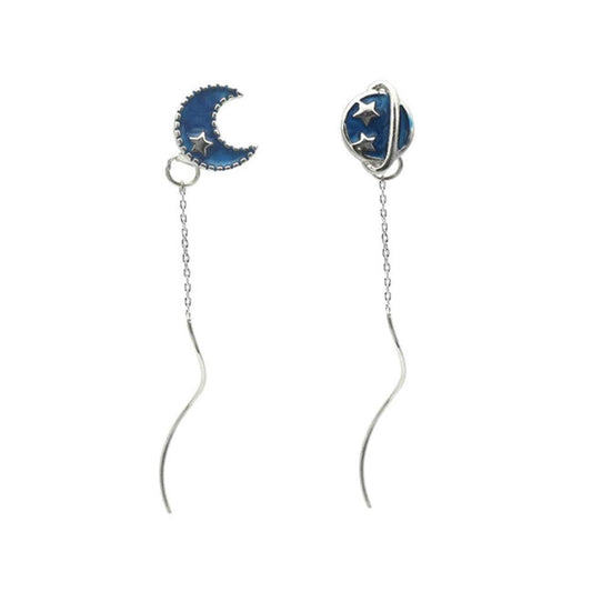 Blue Star and Moon Ear Lines Sterling Silver