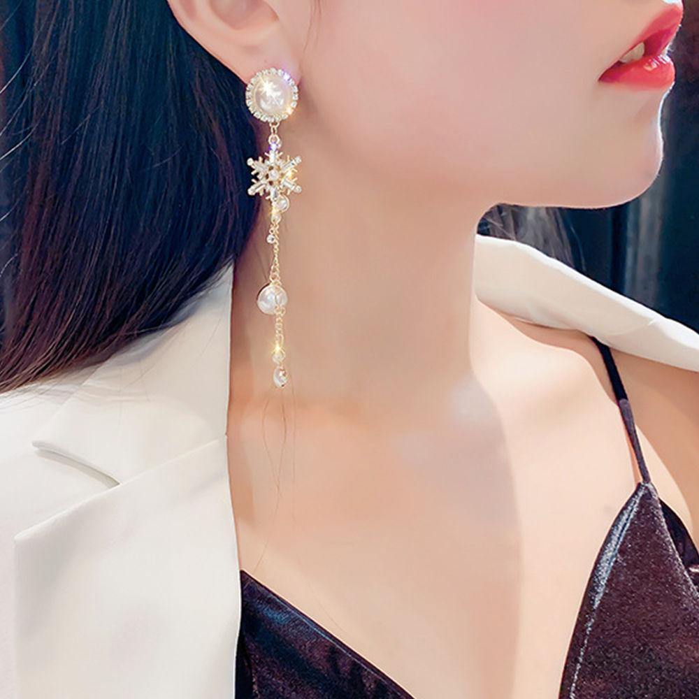 Snowflake and Pearl Tassel Drop Earrings
