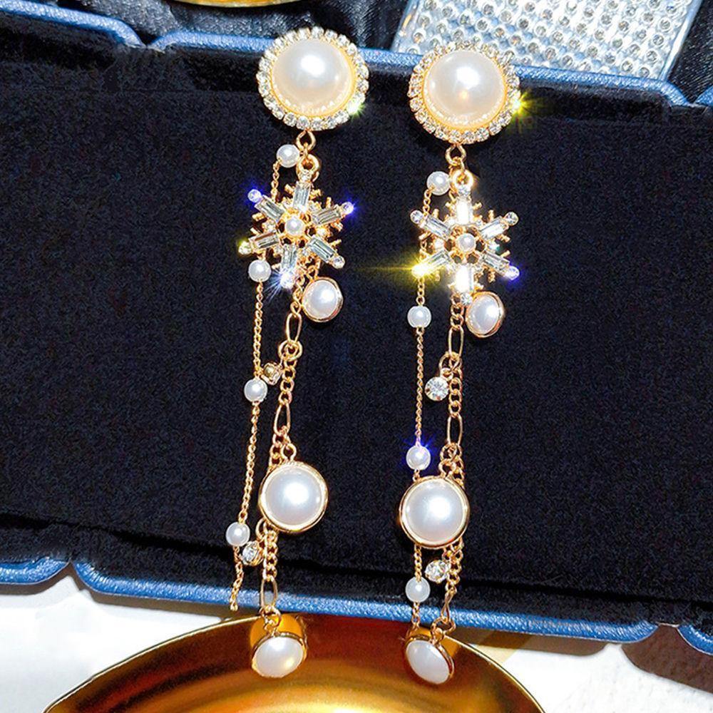Snowflake and Pearl Tassel Drop Earrings