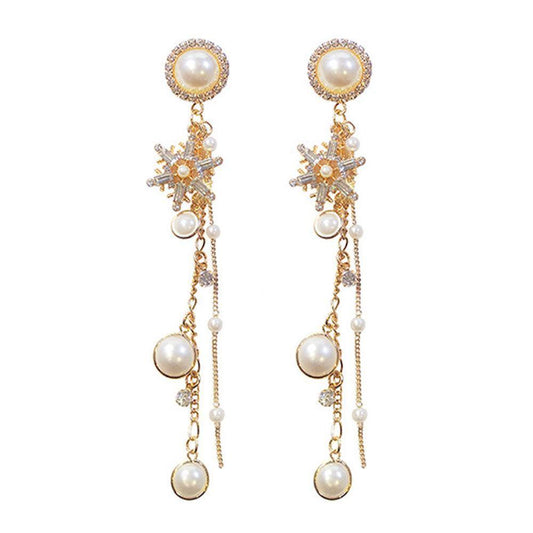 Snowflake and Pearl Tassel Drop Earrings