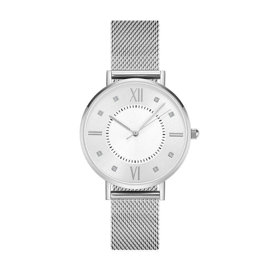 Mesh Bracelet Watch in Stainless Steel Silver and White - Women's