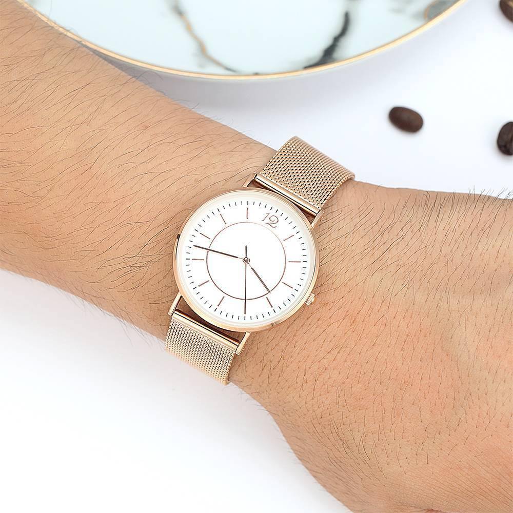Mesh Bracelet Watch in Stainless Steel Rose Gold Strap and White Dial - Men's