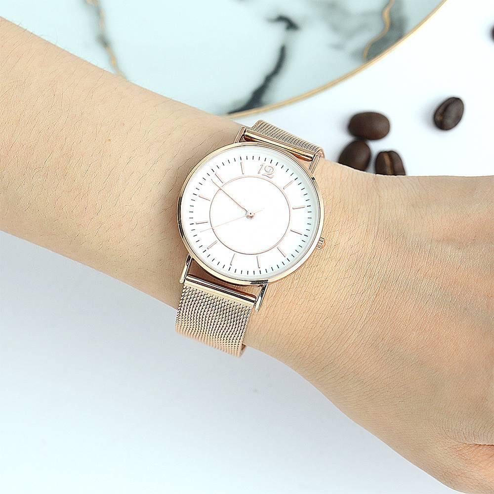 Mesh Bracelet Watch in Stainless Steel Rose Gold Strap and White Dial - Women's